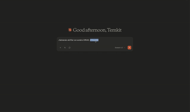 Démonstration de vérification ORIAS dans Claude Desktop